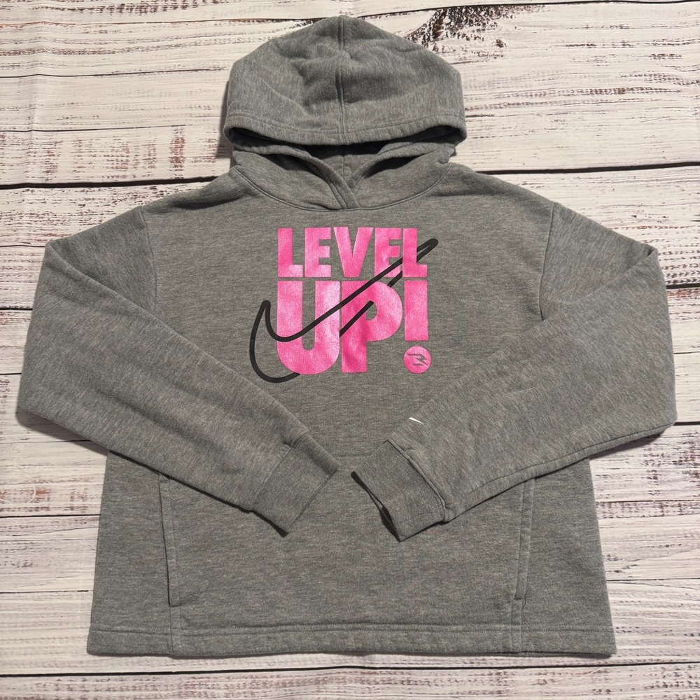 Nike 3 Brand Logo "Level Up" Fleece Sweatshirt Hoodie Gray Pink Youth Girls XL